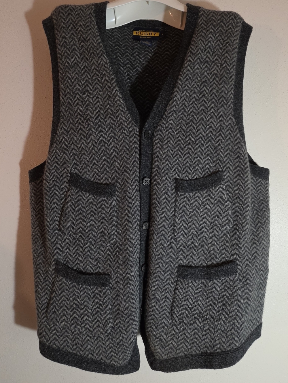 Ralph Lauren Rugby Grey Herringbone Wool Vest with Navy Label